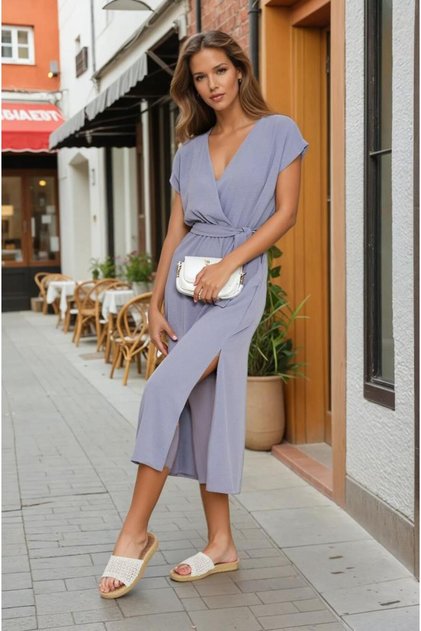 Women's Double-Breasted Collar Pocketed Deep Slit Elastic Waist Aerobin Casual Summer Dress 700-3764341