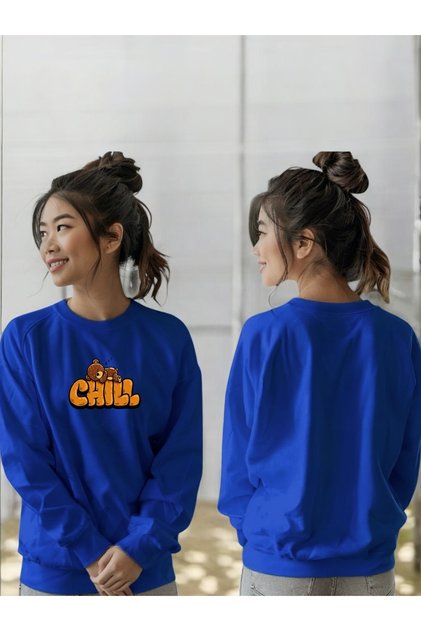Unisex Long Sleeve Chill Bear Transfer Printed Crew Neck Sweatshirt