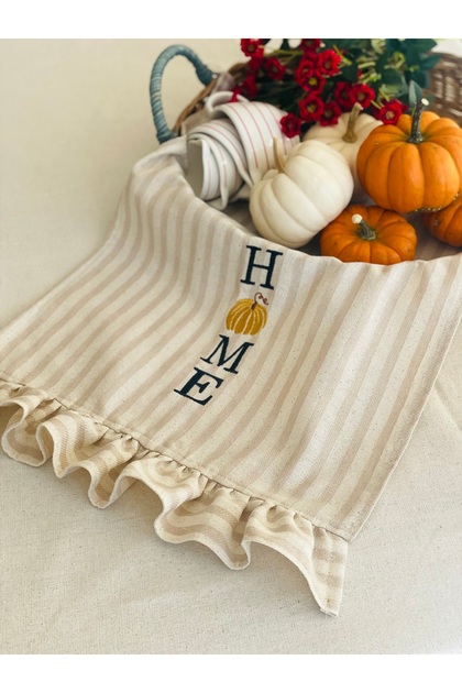 Beige Striped Linen Ruffle Detailed Embroidered Kitchen Towel