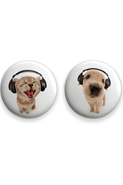 2’li set Müzik Dinleyen Kedi ve Köpek Rozet