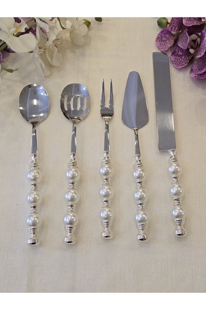 5 Piece Pearl Serving Spoon Set Silver