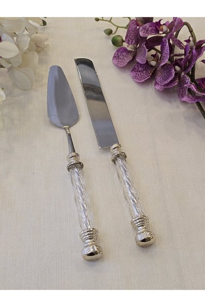 2 Piece Crystal Cake Serving Spoon Set Silver
