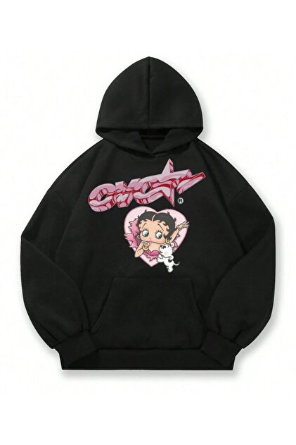 Siyah Betty Boop Üç İplik Şsardonlu Unisex Oversize Dtf Baskılı Sweatshirt