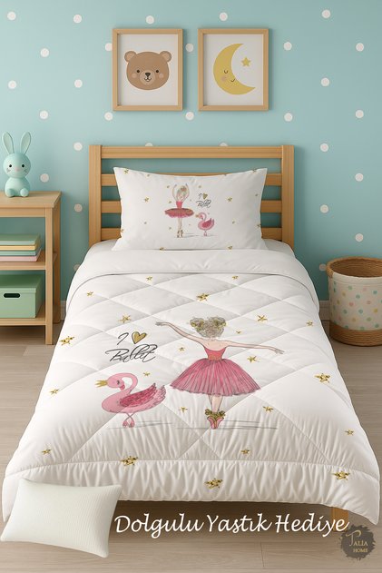 Pink Ballerina Girl Patterned Single Children's Quilt Sleeping Set Tlag-106