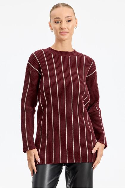 Striped Stone Adhesive Ribbed Tunic Bordo