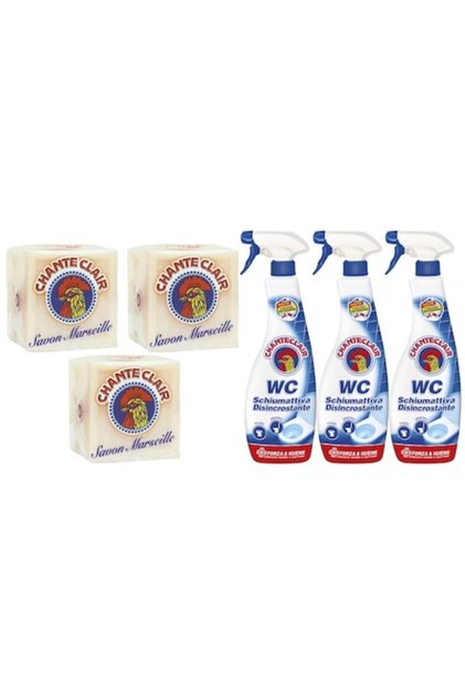 Set Curatenie Chante Clair 6 x Componente, 3 x Sapun Rufe 250g Savon Marseille, 3 x Spray Spuma Wc 6