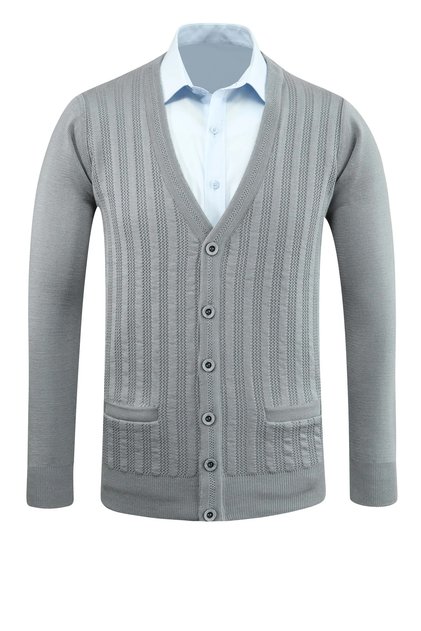 Men's Buttoned Gray Cardigan with Pockets Patterned Steel Knit Classic Fit - 5203m