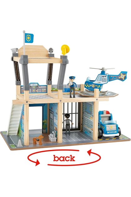 Metro Police Dept Playset | Wooden Two-Level Police Station Toy Playset with Jail Cell, Figures