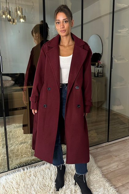 Bordo Kuşaklı Yeni Sezon Astarlı Premium Kalite Rahat Kalıp Kadın Kaşe Kaban Mont