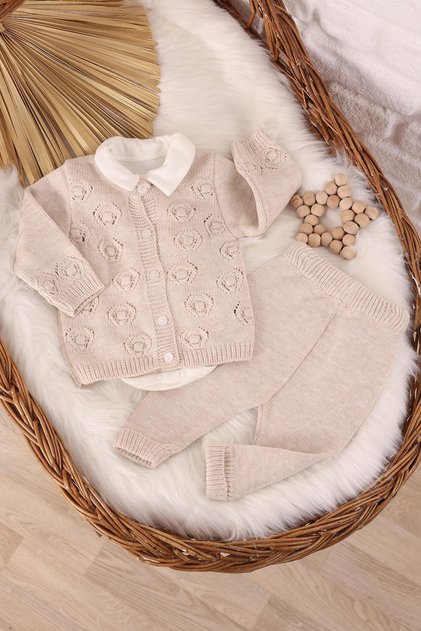 Beige Knitwear Knitted Bodysuit Baby 3-Piece Set