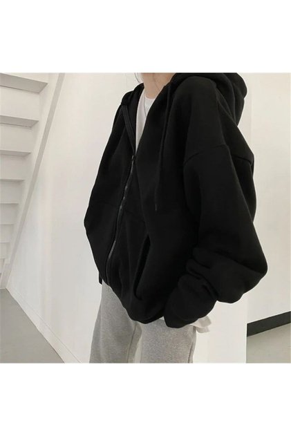 Black Zippered Oversize Thick Unisex Sweatshirt
