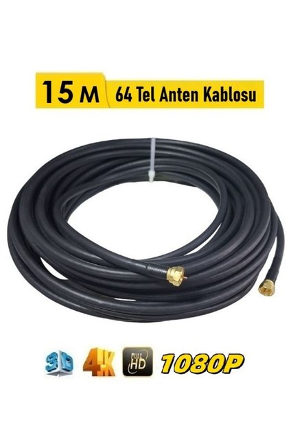 15 Metre Rg6/U4 Gold Uçlu 64 Tel Hazır Uydu Anten Kablosu “Tak Çalıştır” (Siyah)