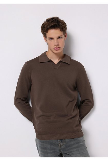 Regular Fit Polo Neck Jacquard Men's Brown Sweater