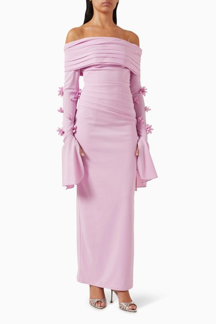 3D Floral Applique Purple Dress with Off-The-Shoulder and Crystal Detailing