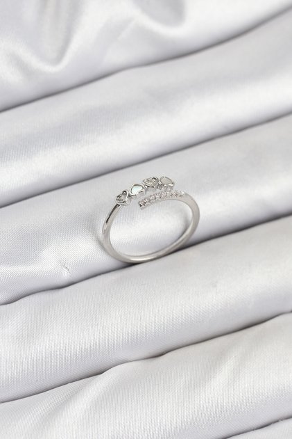 Brass Silver Color Heart Detailed Zircon Stone Women's Ring