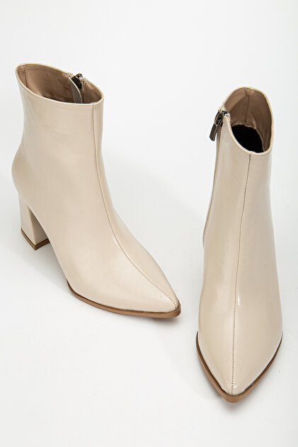 Women's Short Side Zipper Heeled Beige Shoes