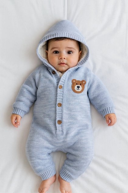 İçi Welsoft Peluş Dışı Triko Örgü Bebek Astronot Tulum | Kız Erkek Unisex Hırka Mont