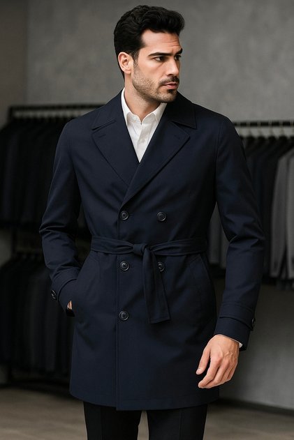 Erkek regular fit lacivert kruvaze trençkot kuşaklı(çıkarılabilir) likralı kumaş