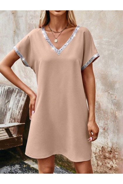 Women's Imported Crepe Dress with Sequin Trim on Collar and Sequin