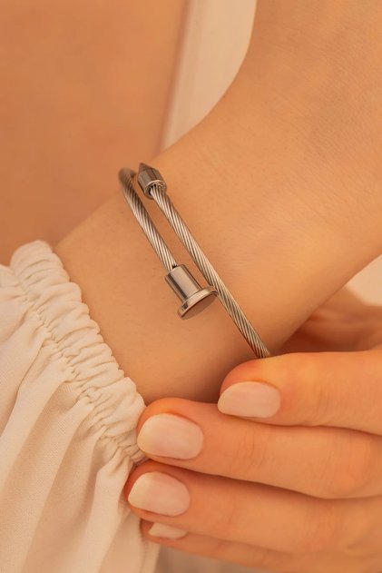 Women's Steel Bracelet - Spiral Model Steel Bracelet with Wicker Cord