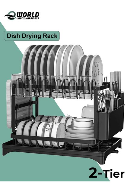 2-Tier Stainless Steel Dish Drying Rack with Drainboard & Utensil Holder, Black & White