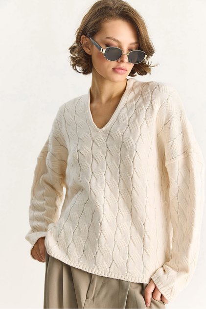 Women's Cream Oval Collar Hair Knit Oversize Knitwear Sweater Tk241277 60284091