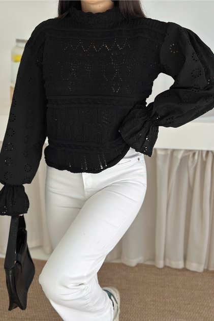 Black Fisto Brode Detailed Knitwear Blouse Standard Size