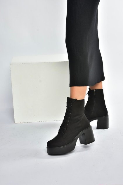 V726681502 Black Suede Thick Heeled Lace-Up Women's Boots