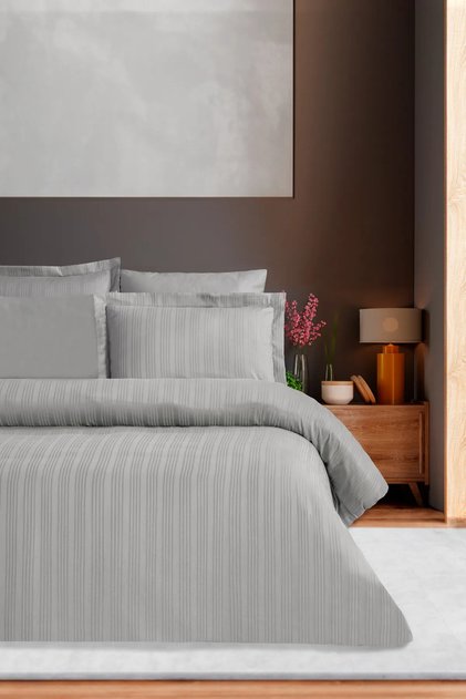 Striped Satin Duvet Set Double Voyage Gray