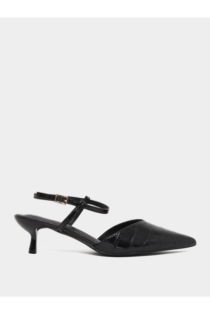 Black Croc-Skin Textured Kitten Heel Shoes