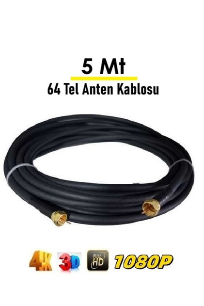 5 Metre 64 Tel Rg6/U4 Hazır Gold Uçlu Uydu Çanak Anten Kablosu “Hazır Tak Kullan” (Siyah)