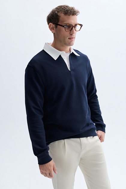 Erkek Lacivert Polo Yaka Sweatshirt