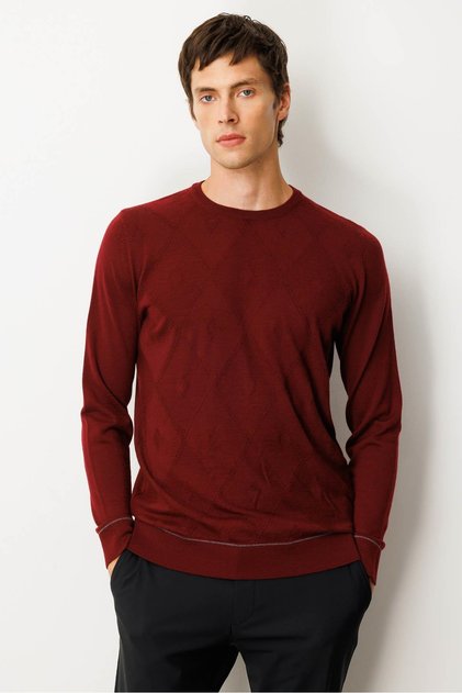 Men's Half Turtleneck Striped Argyle Wool Sweater Burgundy