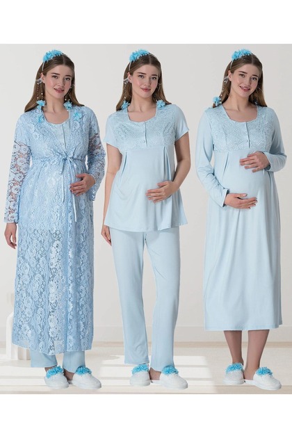 Blue Lace Dressing Gown Nightgown Pajamas Maternity Set