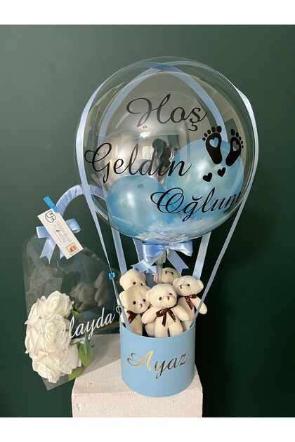 Mavi Yenidoğan Ayıcıklı Erkek Bebek Balon Kutusu & Çantada Solmayan Güller Anne Bebek Set