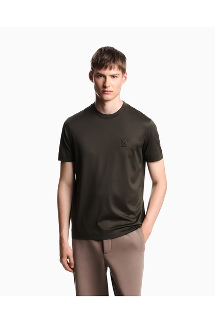 Men's Cotton Regular Fit Round Neck Logo Embroidered Short Sleeve Khaki T-Shirt Em002963 Af10761-U8