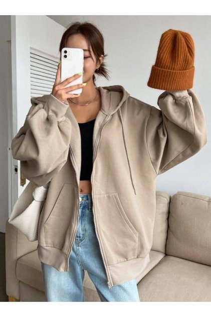 Unisex 2 İplik Şardonlu Kanguru Cepli Kapüşonlu Fermuarlı Hırka / Sweatshirt
