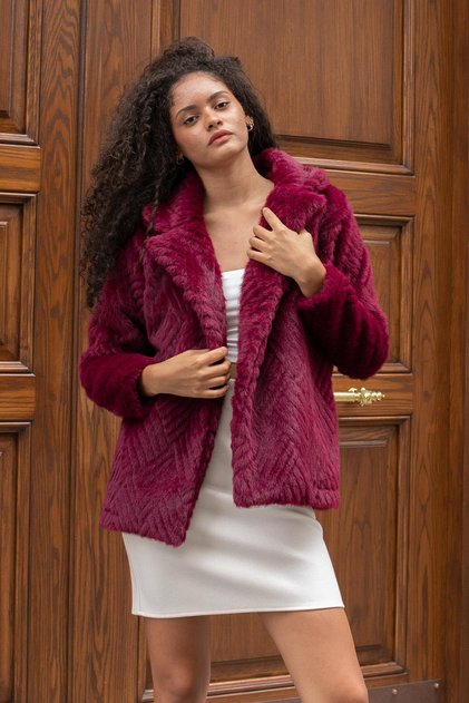 Women's Fur Collar Long Sleeve Lined Medium Length Coat-Burgundy