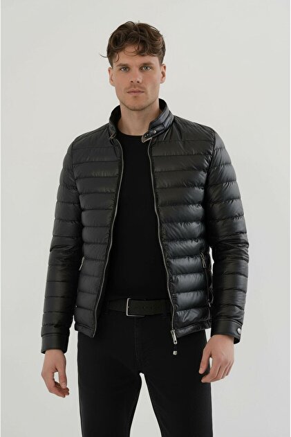 slim fit leather puffer jacket mens SİVAİST Men's Black Slim Fit Water-Repellent Fur-Lined Thick Puffer Leather  Jacket Coat- Trendyol