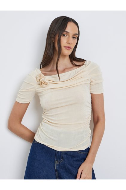 Flower Corsage Mesh Short Sleeve Top
