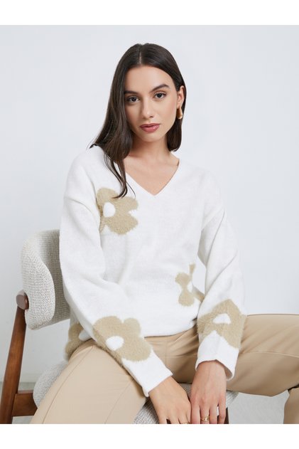White Floral Jacquard Oversized Knit Sweater