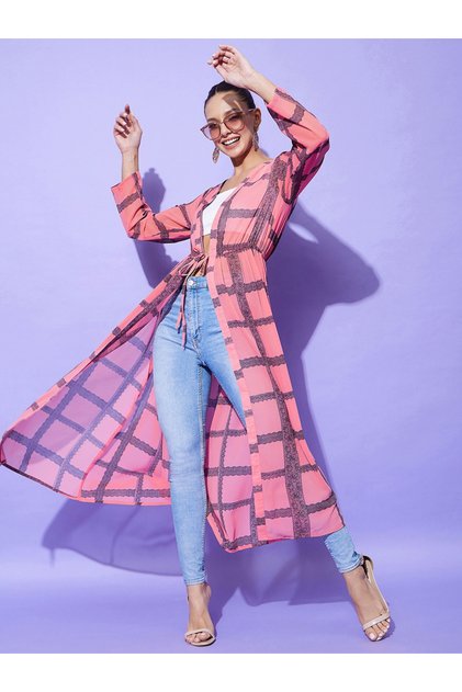 Pink Checked Print Long Sleeve Shrug