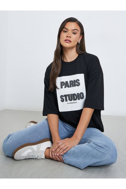 Women Black Sequin Paris Oversized T-Shirt