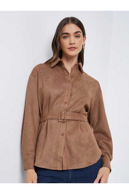Brown Suede Long Sleeve Shirt with Belt