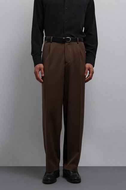 Kahve Relax Fit Baggy Pilili Erkek Pantolon