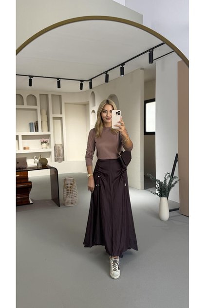 Drawstring Detail Elastic Waist Wrinkle Effect Plum Satin Skirt