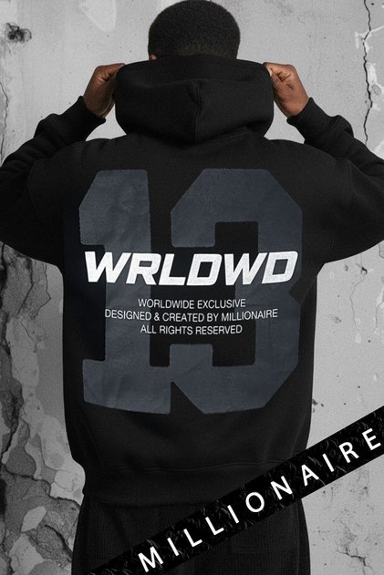 Men's Black 13 Worlwide 3-Thread Fleece Hooded Kangaroo Pocket Oversized Loose Hoodie Sweatshirt