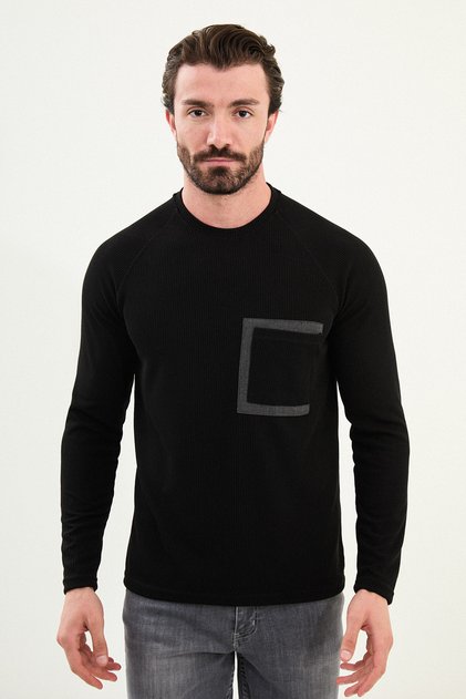 Striped Slim Fit Pocket Detail Long Sleeve Cotton Men's T-Shirt Black - 36867.25K