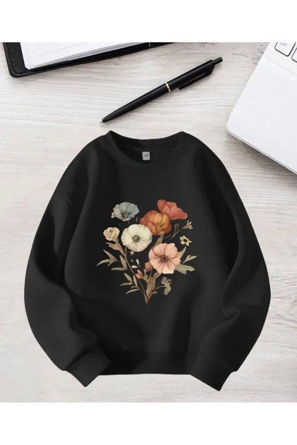 Floral Print Detailed Crew Neck Sweatshirt with Fleece Inside