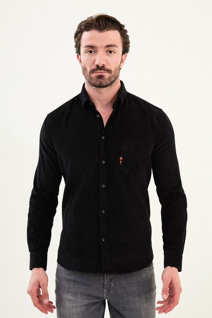Plain Slim Fit Embroidery Detailed Velvet Men's Shirt Black - 27109.25K